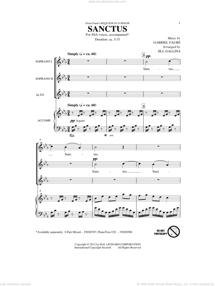 Sanctus (arr. Jill Gallina) sheet music for choir (SSA: soprano, alto) by Gabriel Faure and Jill Gallina, intermediate skill level