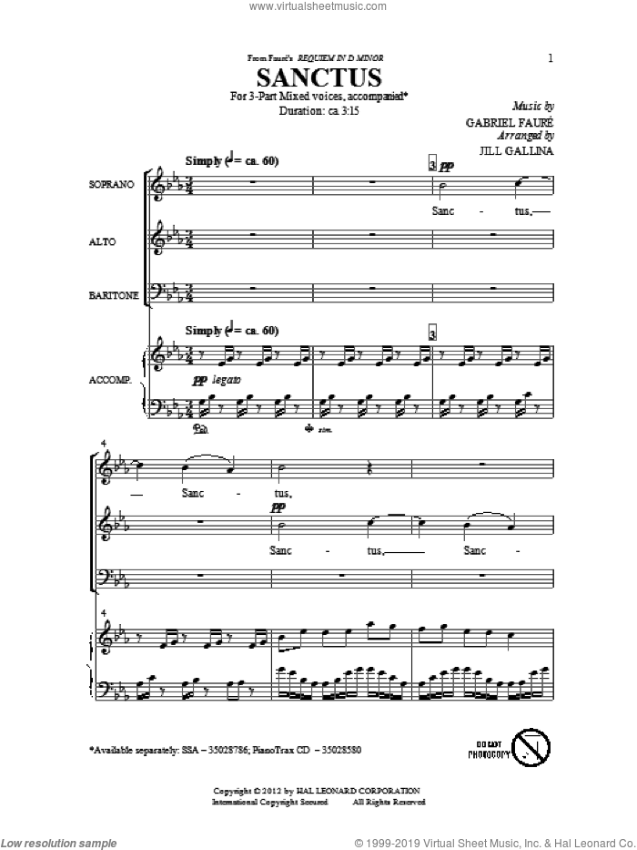 Sanctus sheet music for choir (SAB: soprano, alto, bass) by Gabriel Faure and Jill Gallina, intermediate skill level