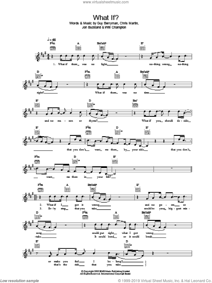 What If? sheet music for voice and other instruments (fake book) by Coldplay, Chris Martin, Guy Berryman, Jon Buckland and Will Champion, intermediate skill level