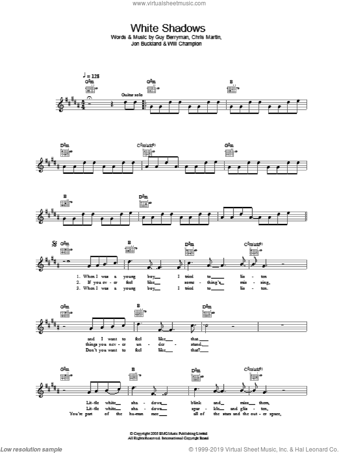 White Shadows sheet music for voice and other instruments (fake book) by Coldplay, Chris Martin, Guy Berryman, Jon Buckland and Will Champion, intermediate skill level