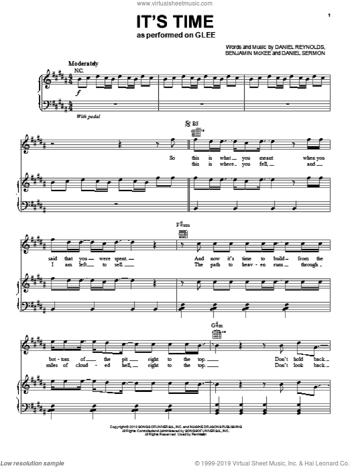 It's Time sheet music for voice, piano or guitar by Imagine Dragons and Glee Cast, intermediate skill level