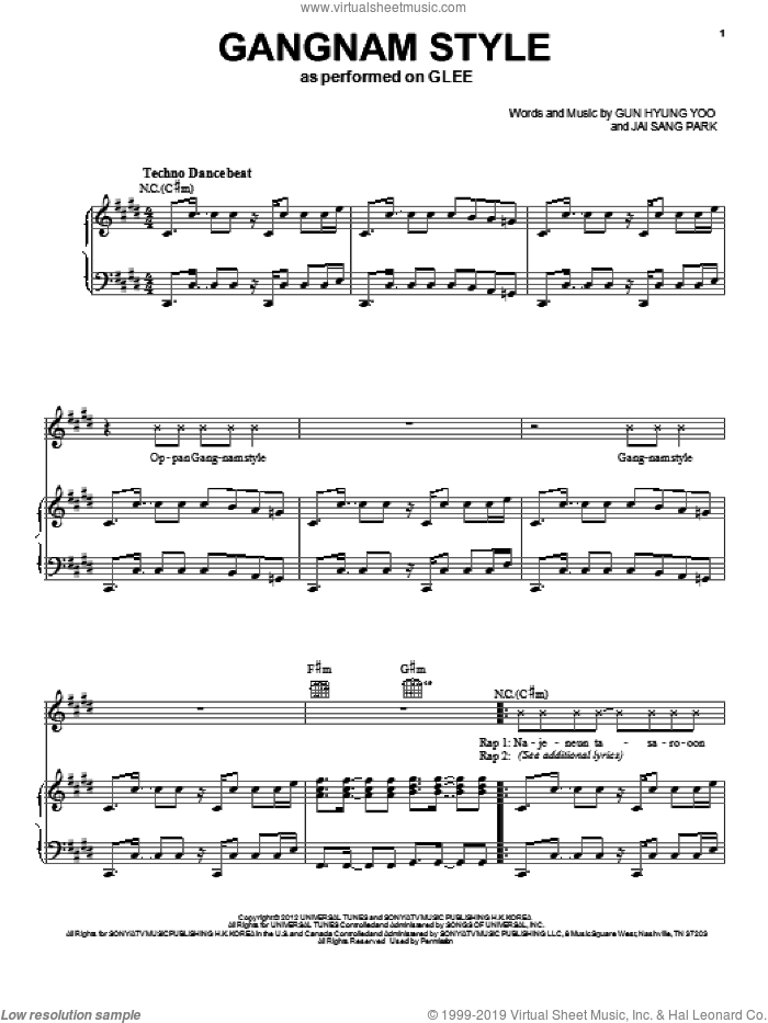 Gangnam Style sheet music for voice, piano or guitar by Glee Cast and PSY, intermediate skill level