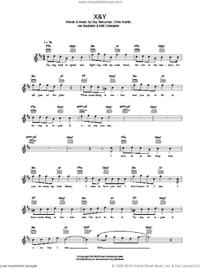 X&Y sheet music for voice and other instruments (fake book) by Coldplay, Chris Martin, Guy Berryman, Jon Buckland and Will Champion, intermediate skill level