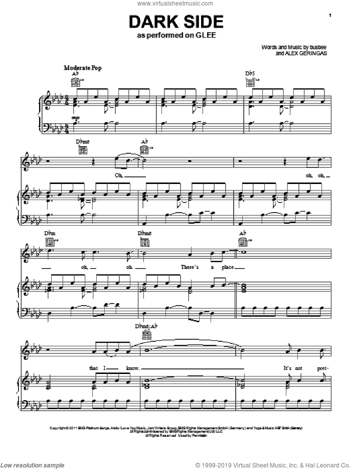 Dark Side sheet music for voice, piano or guitar by Kelly Clarkson and Glee Cast, intermediate skill level