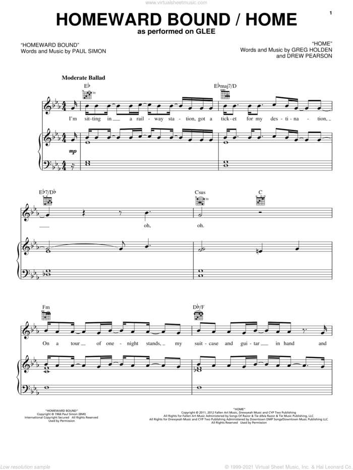 Homeward Bound / Home sheet music for voice, piano or guitar by Glee Cast and Simon & Garfunkel, intermediate skill level