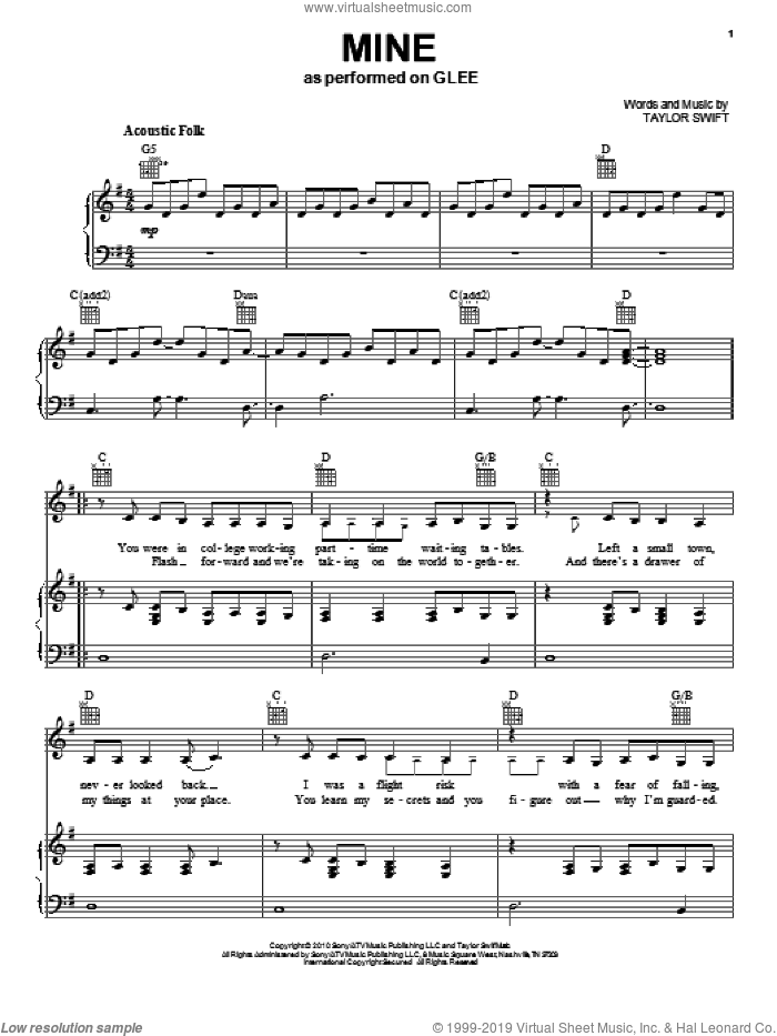 Mine sheet music for voice, piano or guitar by Taylor Swift and Glee Cast, wedding score, intermediate skill level