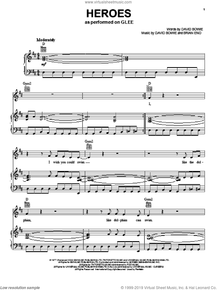 Heroes sheet music for voice, piano or guitar by David Bowie and Glee Cast, intermediate skill level
