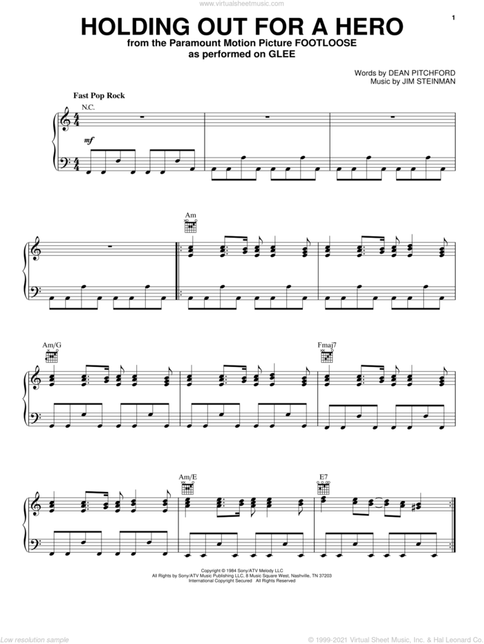 Holding Out For A Hero sheet music for voice, piano or guitar by Bonnie Tyler and Glee Cast, intermediate skill level