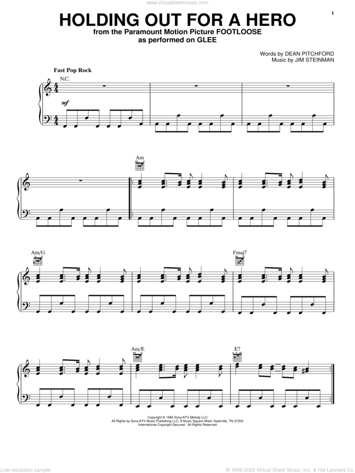 Holding Out For A Hero sheet music for voice, piano or guitar by Bonnie Tyler and Glee Cast, intermediate skill level