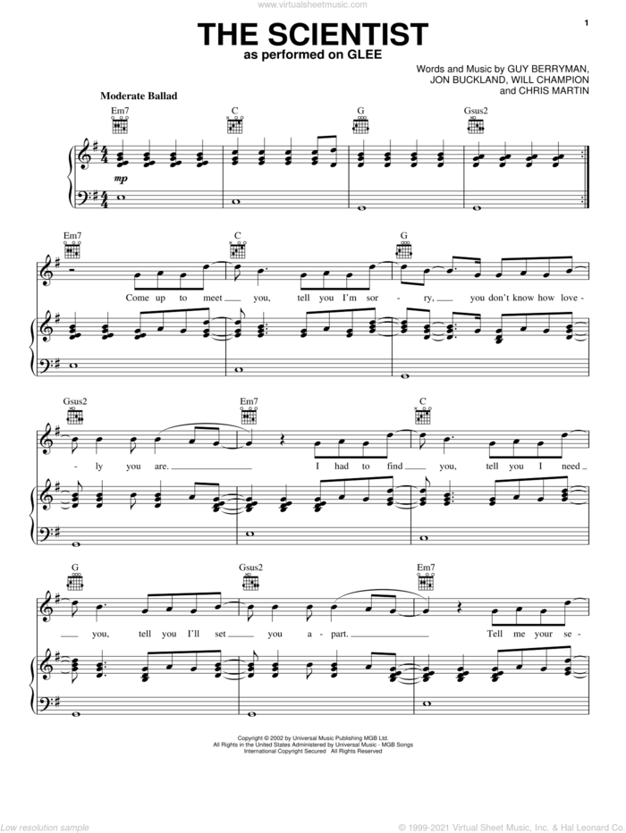 The Scientist sheet music for voice, piano or guitar by Coldplay and Glee Cast, intermediate skill level
