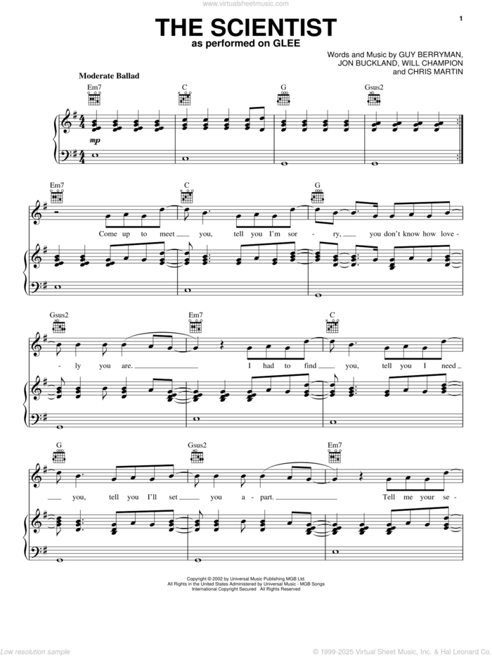 The Scientist sheet music for voice, piano or guitar by Coldplay and Glee Cast, intermediate skill level