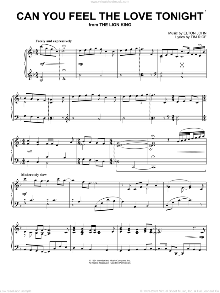 Can You Feel The Love Tonight (from The Lion King) sheet music for piano solo by Elton John and Tim Rice, wedding score, intermediate skill level