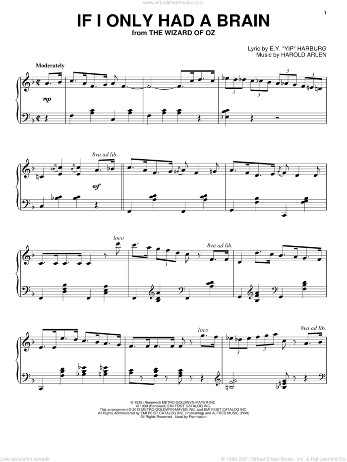 If I Only Had A Brain sheet music for piano solo by Harold Arlen, intermediate skill level