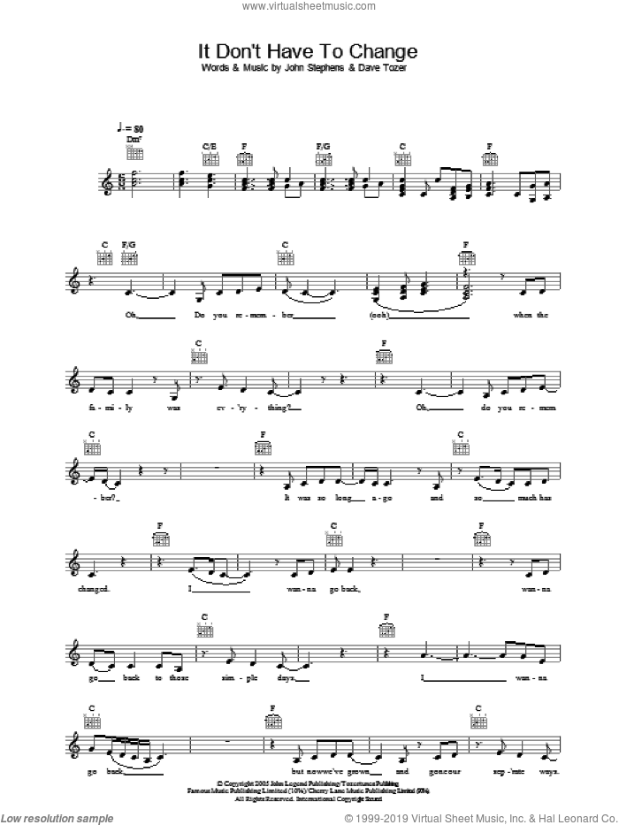 It Don't Have To Change sheet music for voice and other instruments (fake book) by John Legend, Dave Tozer and John Stephens, intermediate skill level