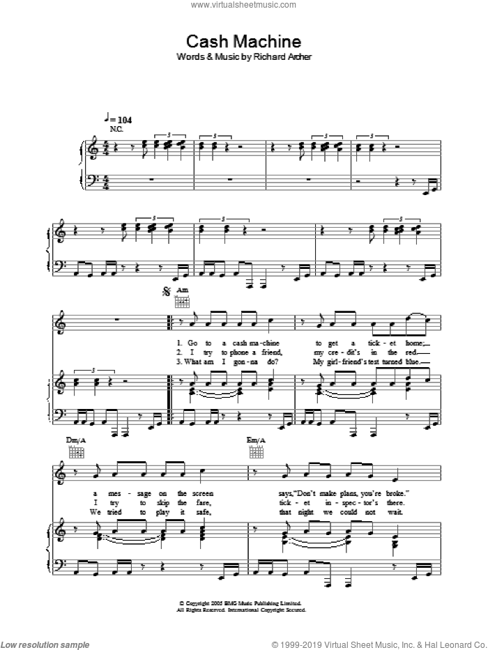 Cash Machine sheet music for voice, piano or guitar by Hard-Fi and Richard Archer, intermediate skill level