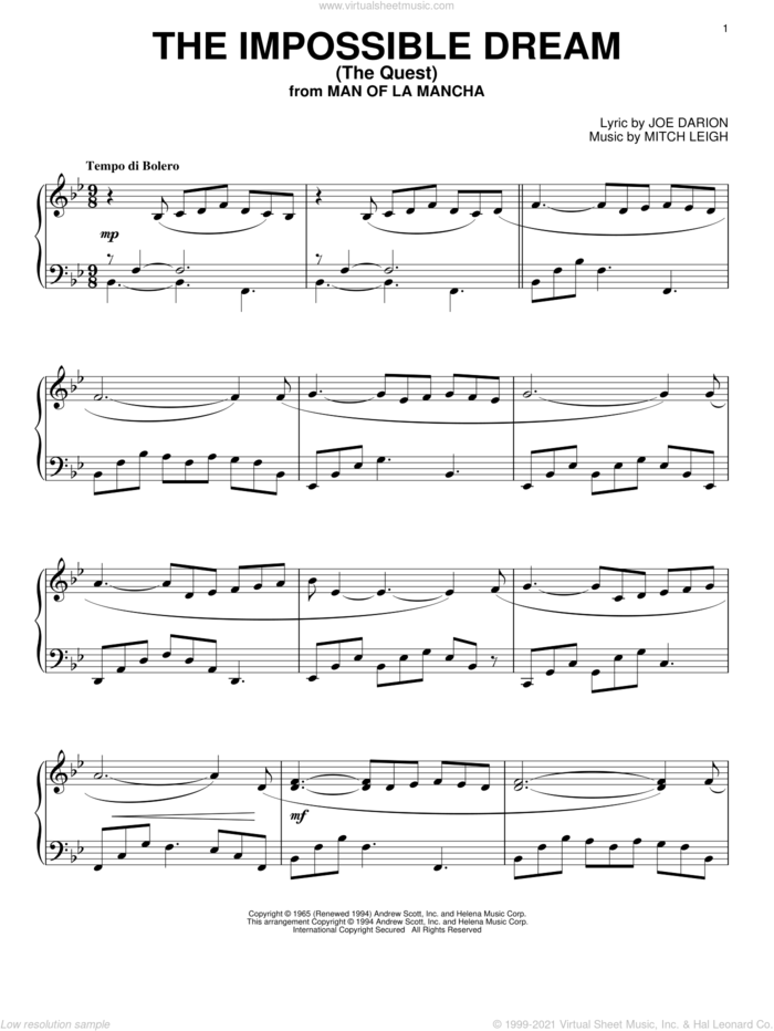 The Impossible Dream (The Quest) sheet music for piano solo by Mitch Leigh and Joe Darion, intermediate skill level