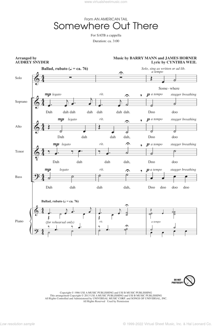 Somewhere Out There (from An American Tail) (arr. Audrey Snyder) sheet music for choir (SATB: soprano, alto, tenor, bass) by Linda Ronstadt & James Ingram, Audrey Snyder, Barry Mann, Cynthia Weil and James Horner, intermediate skill level