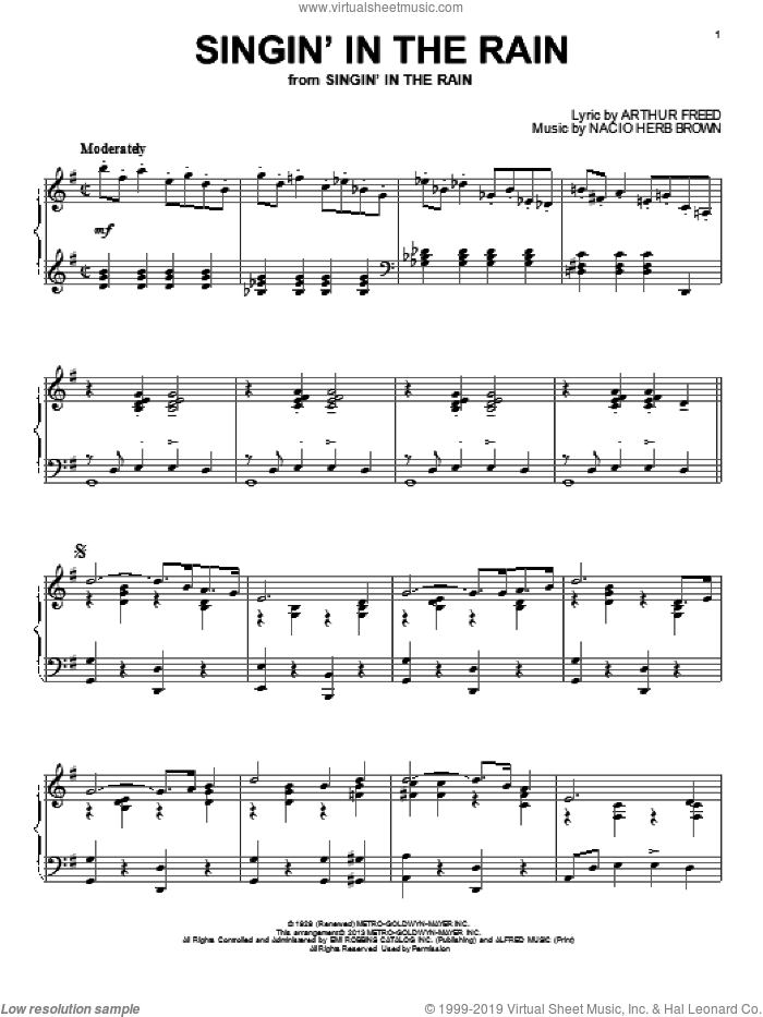 Singin' In The Rain sheet music for piano solo by Nacio Herb Brown and Arthur Freed, intermediate skill level