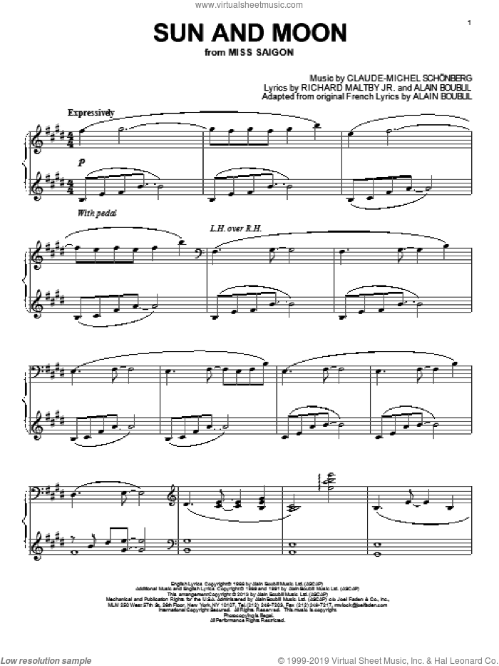 Sun And Moon (from Miss Saigon) sheet music for piano solo by Alain Boublil, Claude-Michel Schonberg and Richard Maltby, Jr., intermediate skill level