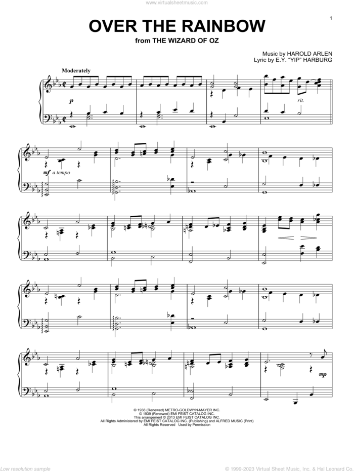 Over The Rainbow sheet music for piano solo by Harold Arlen and E.Y. Harburg, intermediate skill level