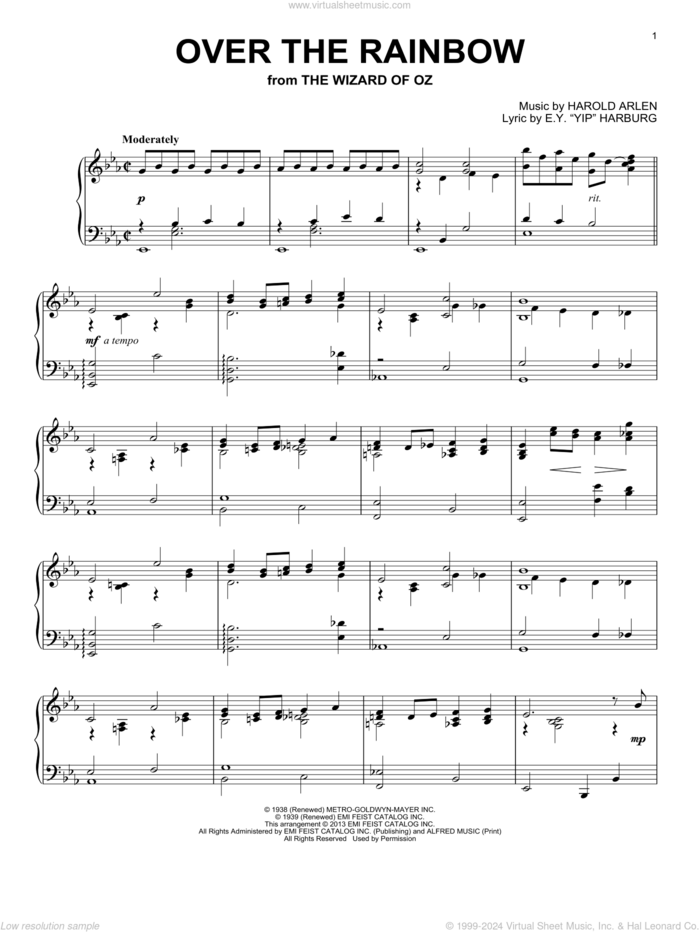 Over The Rainbow, (intermediate) sheet music for piano solo by Harold Arlen and E.Y. Harburg, intermediate skill level