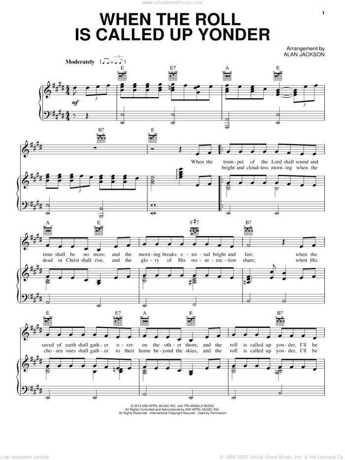 When The Roll Is Called Up Yonder sheet music for voice, piano or guitar by Alan Jackson, intermediate skill level