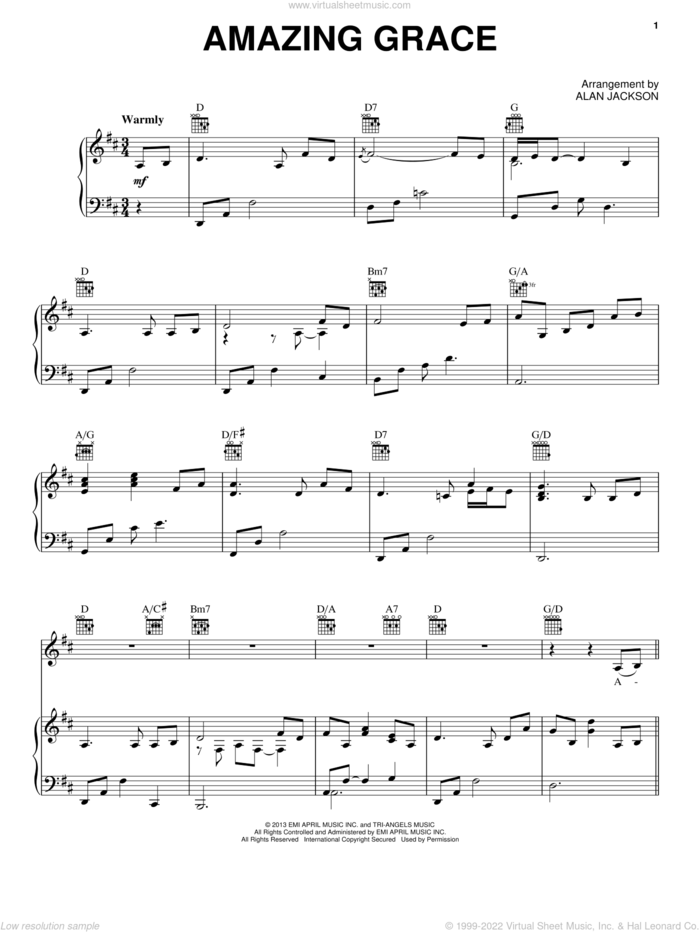 Amazing Grace sheet music for voice, piano or guitar by Alan Jackson, wedding score, intermediate skill level