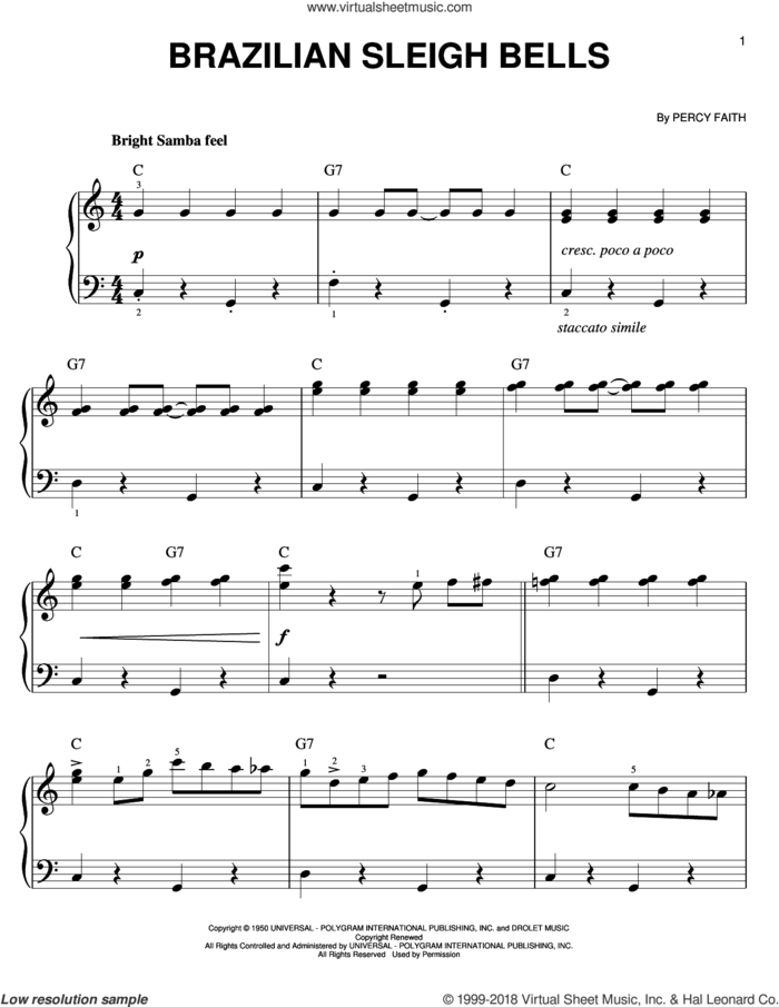 Brazilian Sleigh Bells sheet music for piano solo by Percy Faith, easy skill level