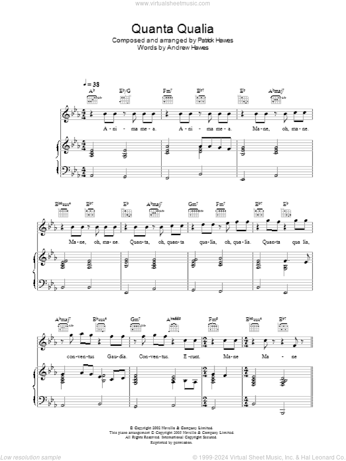 Quanta Qualia sheet music for voice, piano or guitar by Hayley Westenra, Andrew Hawes and Patrick Hawes, classical score, intermediate skill level