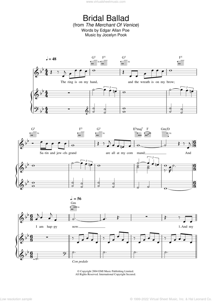 Bridal Ballad (from The Merchant Of Venice) sheet music for voice, piano or guitar by Hayley Westenra, Edgar Allan Poe and Jocelyn Pook, classical score, intermediate skill level
