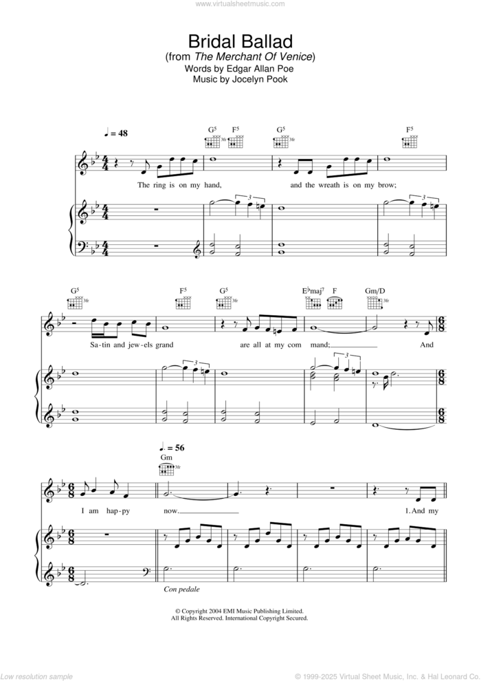 Bridal Ballad (from The Merchant Of Venice) sheet music for voice, piano or guitar by Hayley Westenra, Edgar Allan Poe and Jocelyn Pook, classical score, intermediate skill level