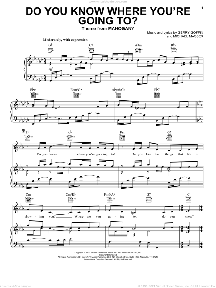 Do You Know Where You're Going To? sheet music for voice, piano or guitar by Diana Ross, Gerry Goffin and Michael Masser, intermediate skill level