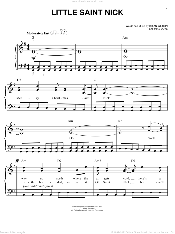 Little Saint Nick, (easy) sheet music for piano solo by The Beach Boys, easy skill level