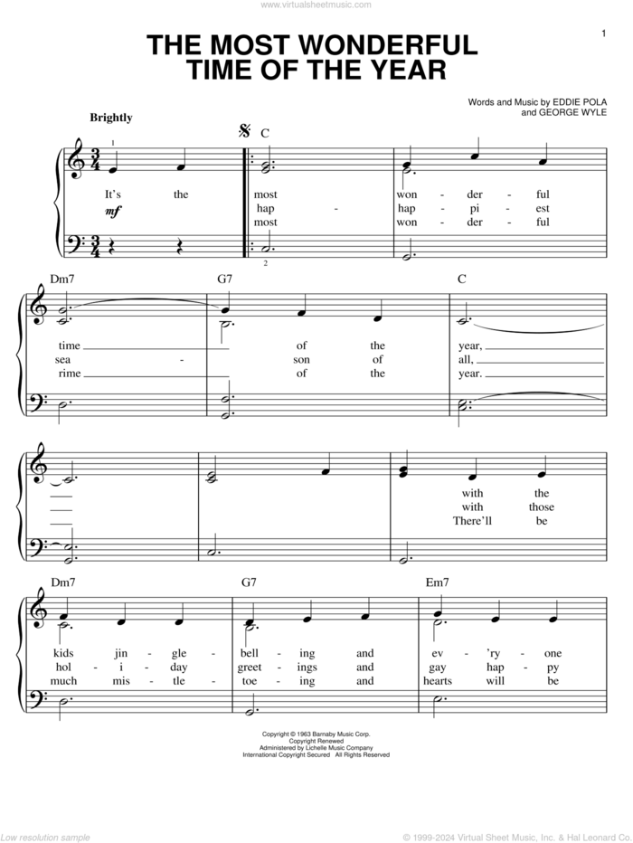 The Most Wonderful Time Of The Year, (easy) sheet music for piano solo by George Wyle and Eddie Pola, easy skill level