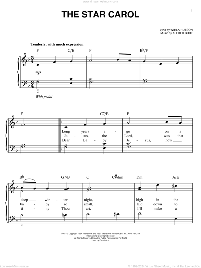 The Star Carol sheet music for piano solo by Wihla Hutson and Alfred Burt, easy skill level