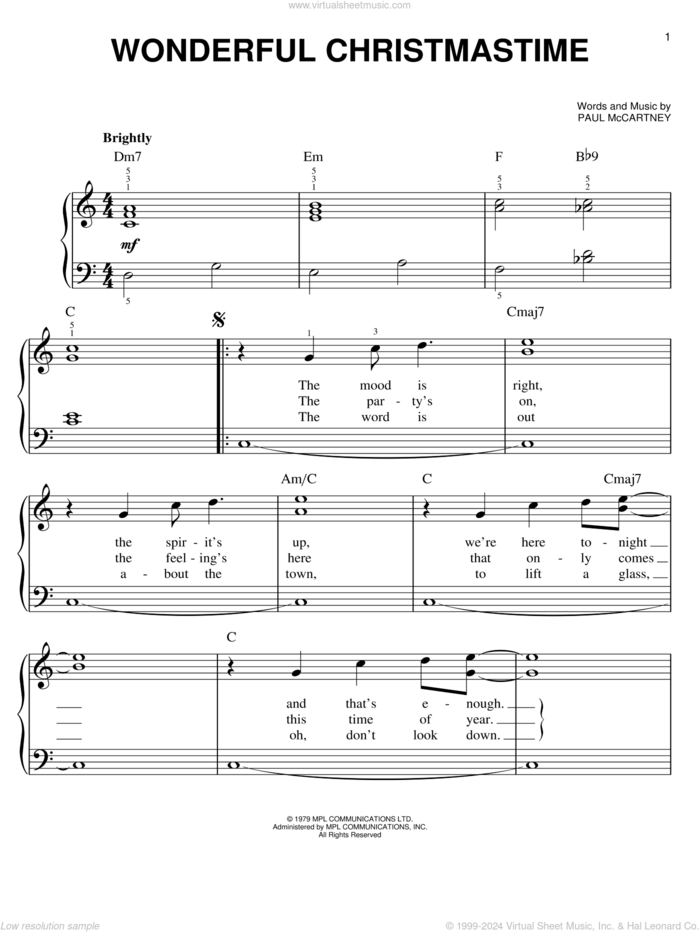 Wonderful Christmastime, (easy) sheet music for piano solo by Paul McCartney and Eli Young Band, easy skill level