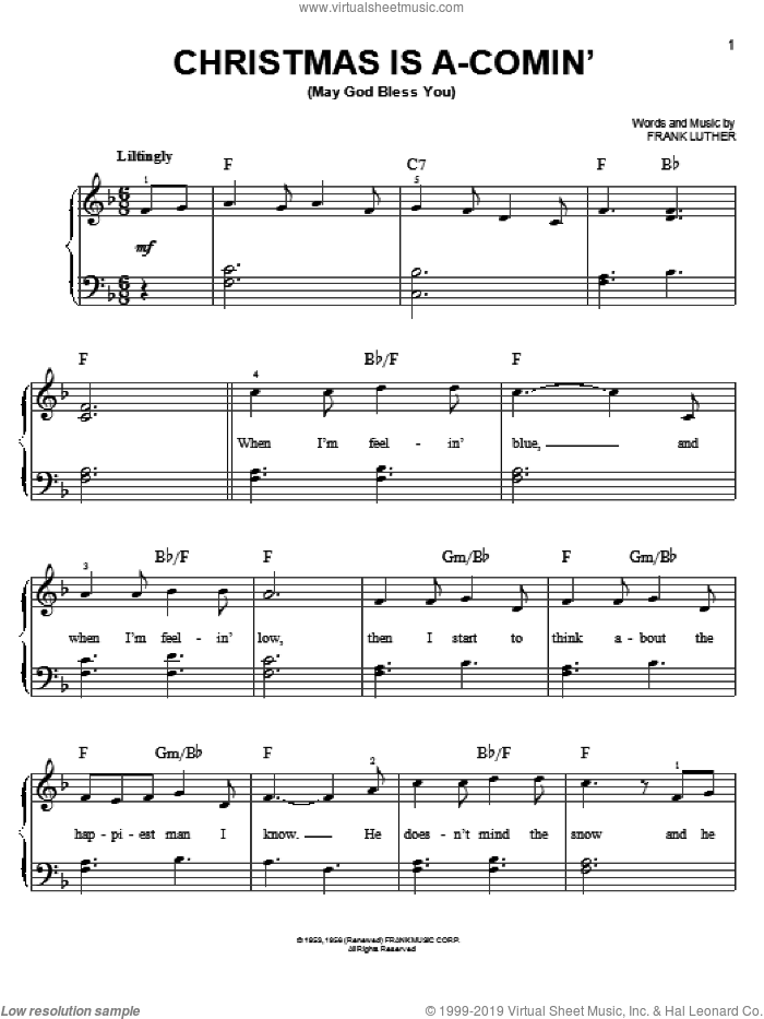 Christmas Is A-Comin' (May God Bless You) sheet music for piano solo by Frank Luther, easy skill level
