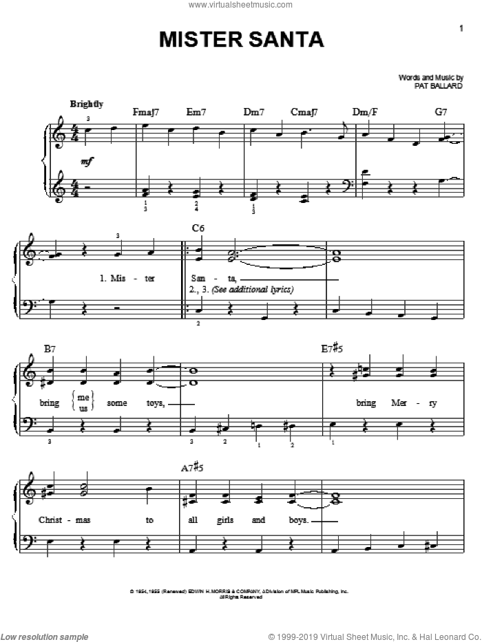 Mister Santa sheet music for piano solo by Pat Ballard, easy skill level