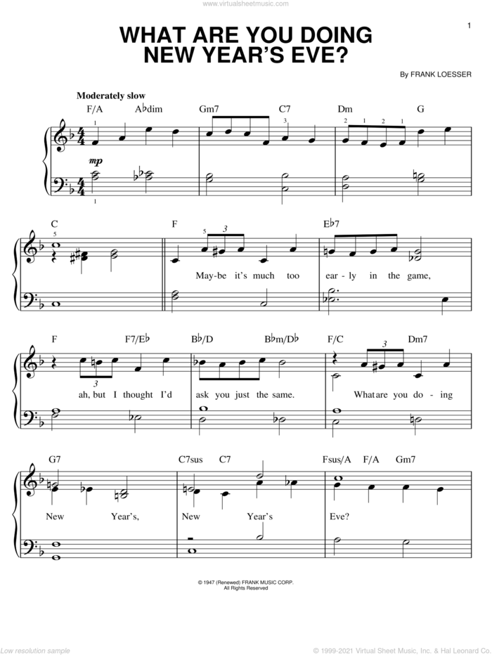 What Are You Doing New Year's Eve? sheet music for piano solo by Frank Loesser, easy skill level