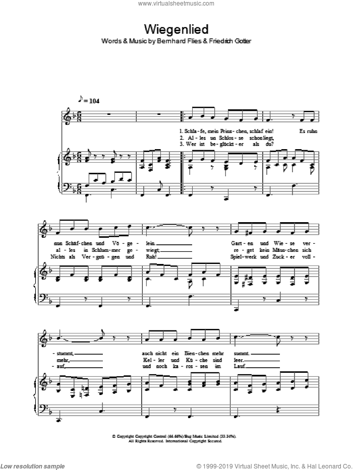 Wiegenlied sheet music for voice, piano or guitar by Hayley Westenra, Bernhard Flies and Friedrich Gotter, classical score, intermediate skill level