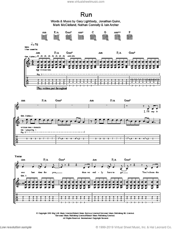 Run sheet music for guitar (tablature) by Snow Patrol, Gary Lightbody, Iain Archer, Jonathan Quinn, Mark McClelland and Nathan Connolly, intermediate skill level