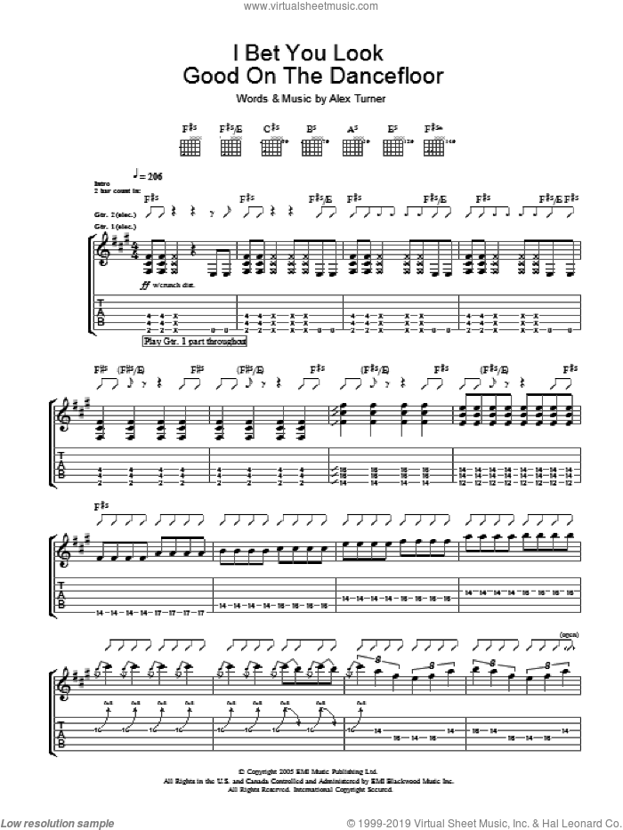 I Bet You Look Good On The Dance Floor sheet music for guitar (tablature) by Arctic Monkeys and Alexander Turner, intermediate skill level