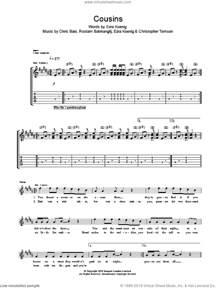 Cousins sheet music for guitar (tablature) by Vampire Weekend, Chris Baio, Christopher Tomson, Ezra Koenig and Rostam Batmanglij, intermediate skill level