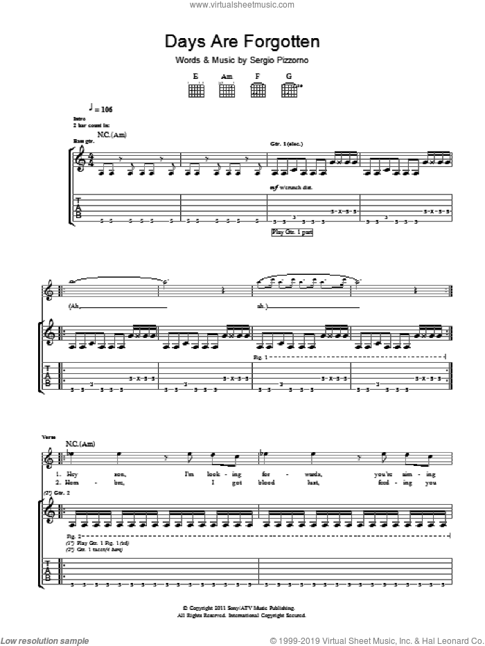 Days Are Forgotten sheet music for guitar (tablature) by Kasabian and Sergio Pizzorno, intermediate skill level