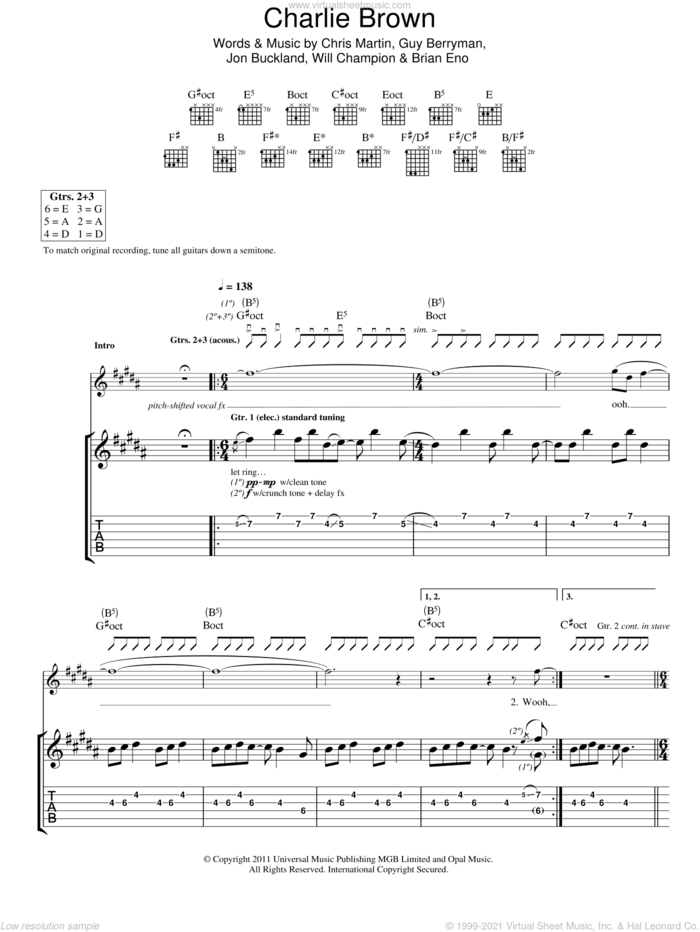 Charlie Brown sheet music for guitar (tablature) by Coldplay, Brian Eno, Chris Martin, Guy Berryman, Jon Buckland and Will Champion, intermediate skill level
