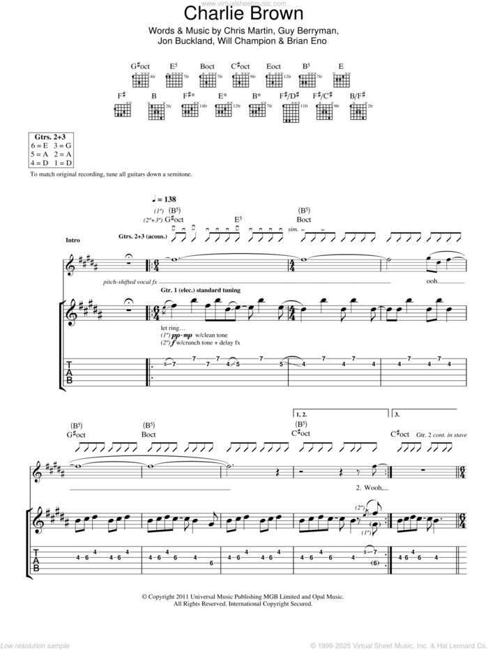 Charlie Brown sheet music for guitar (tablature) by Coldplay, Brian Eno, Chris Martin, Guy Berryman, Jon Buckland and Will Champion, intermediate skill level