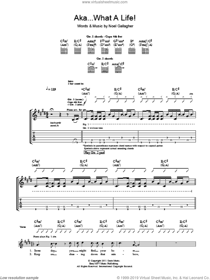 AKA... What A Life! sheet music for guitar (tablature) by Noel Gallagher, intermediate skill level