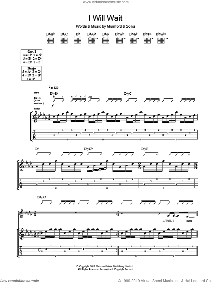 I Will Wait sheet music for guitar (tablature) by Mumford & Sons and Marcus Mumford, intermediate skill level
