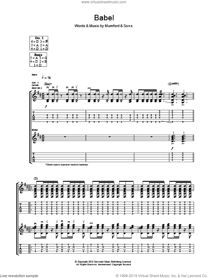 Babel sheet music for guitar (tablature) by Mumford & Sons, intermediate skill level