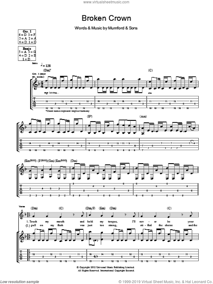 Broken Crown sheet music for guitar (tablature) by Mumford & Sons, intermediate skill level